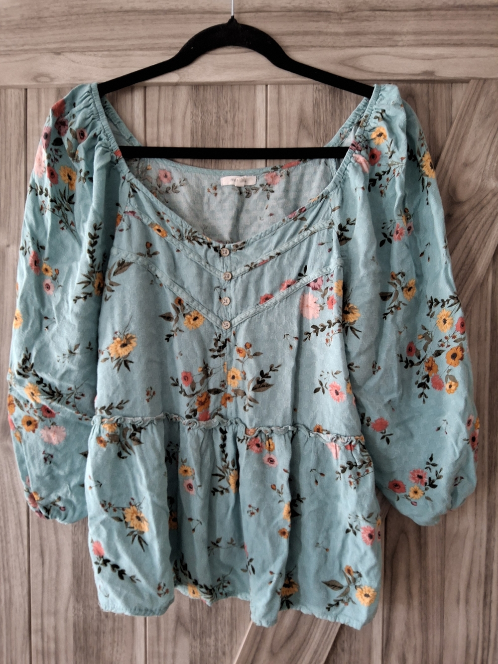 Maurices Off The Shoulder Floral Peasant Tunic - Aqua with Yellow & Pink Flowers